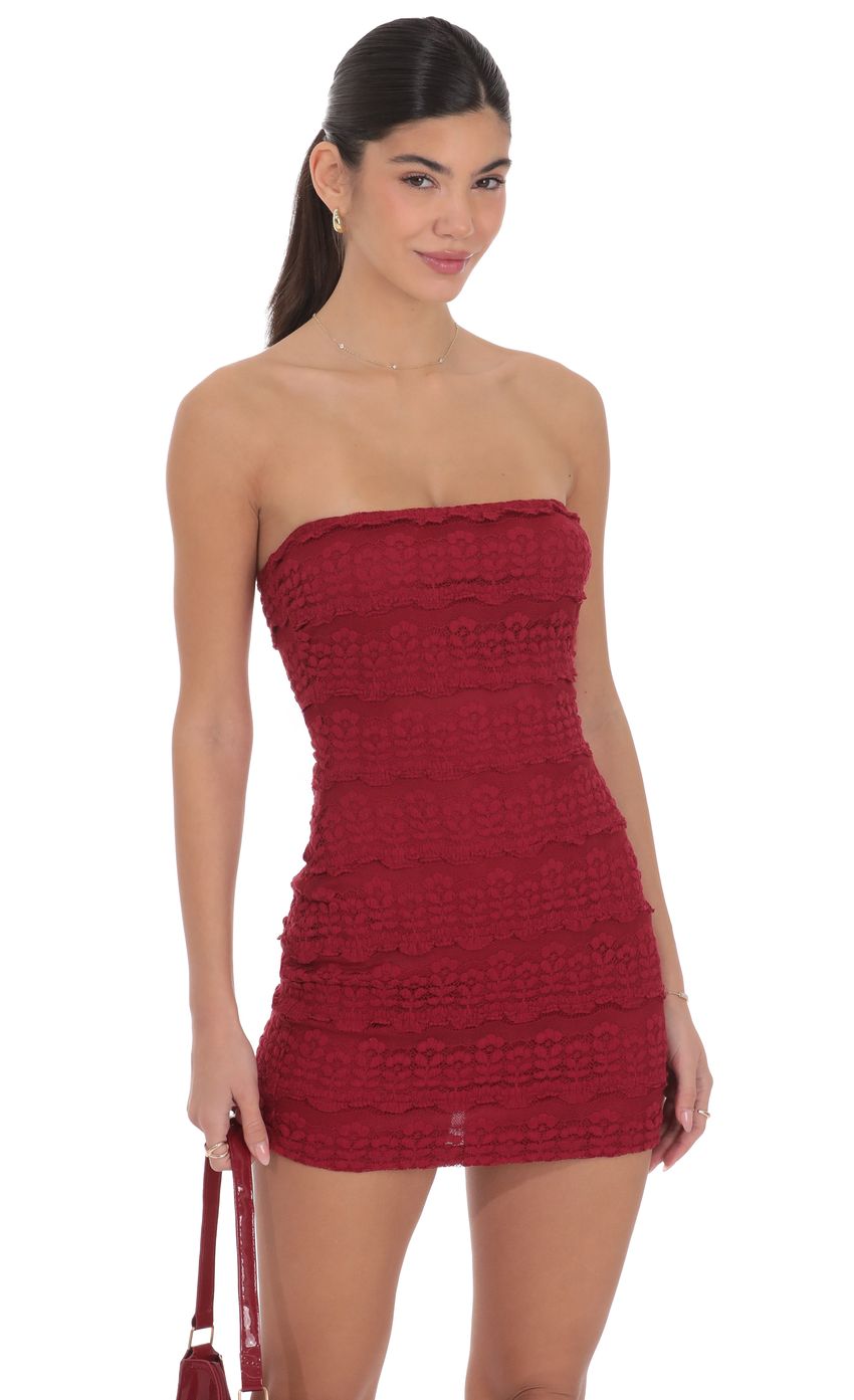 Product image for Strapless Ruffle Lace Dress in Red