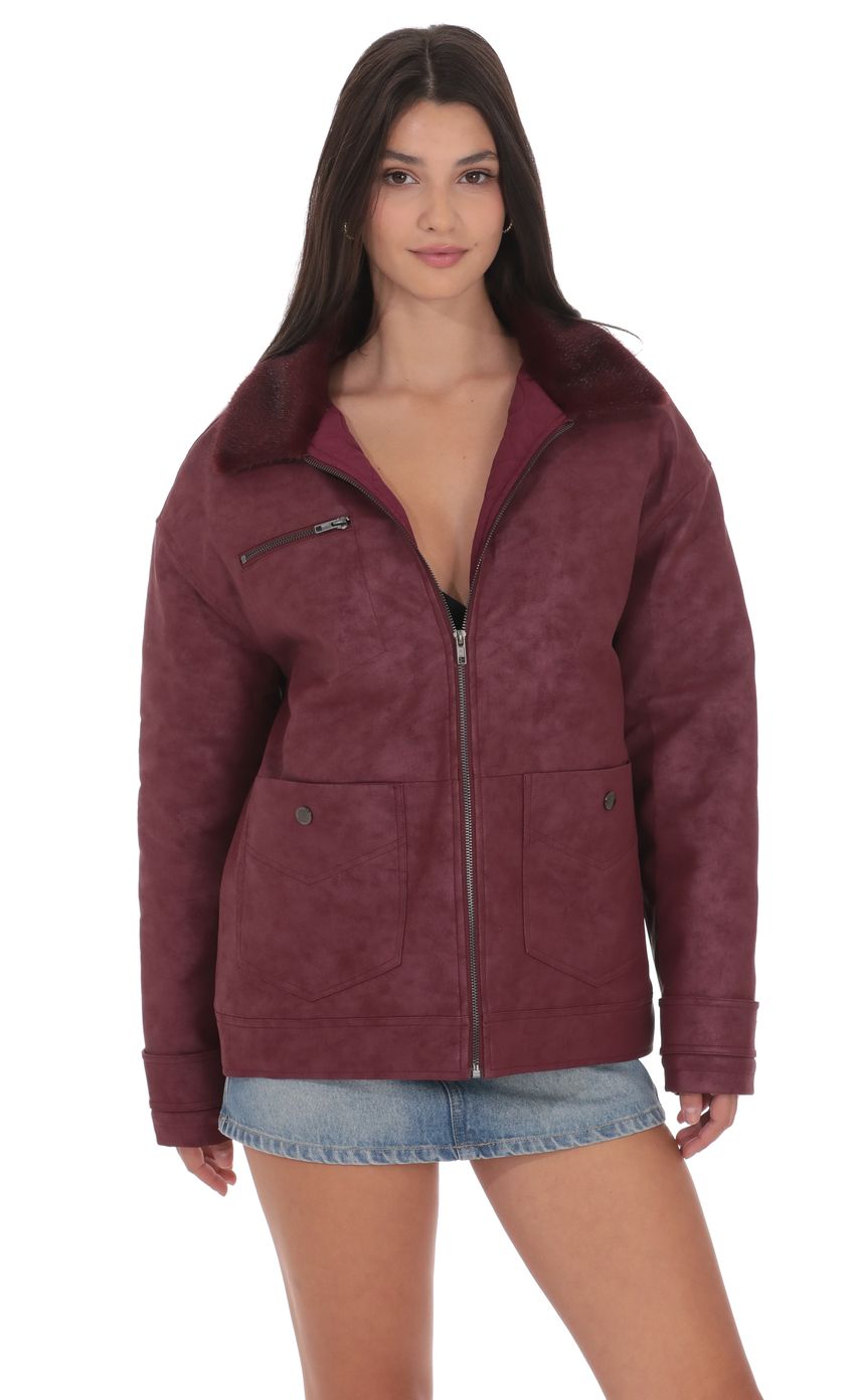 Product image for Oversized Fur Collar Jacket in Burgundy