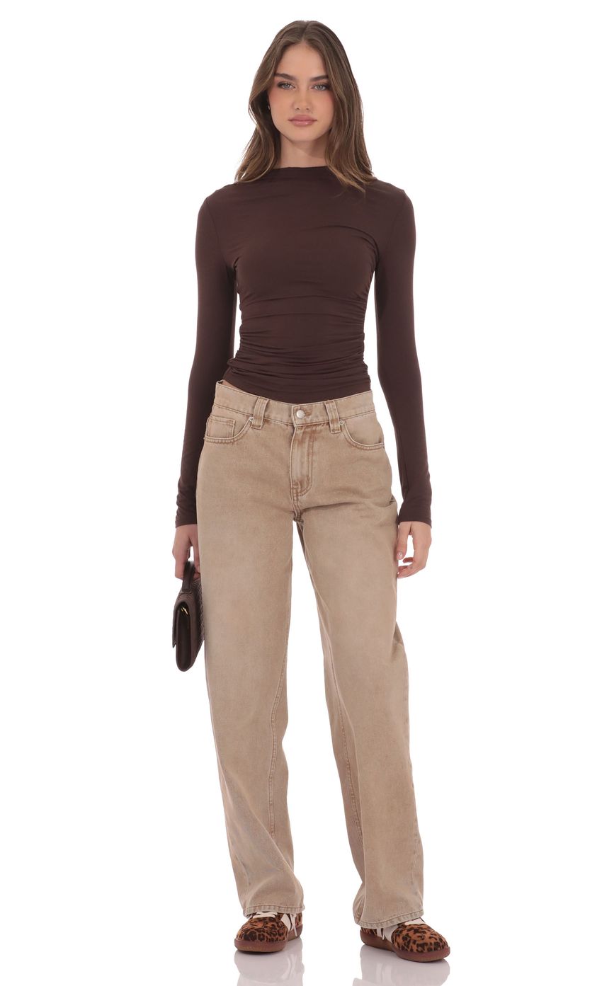 Product image for High Neck Ruched Long Sleeve Top in Brown