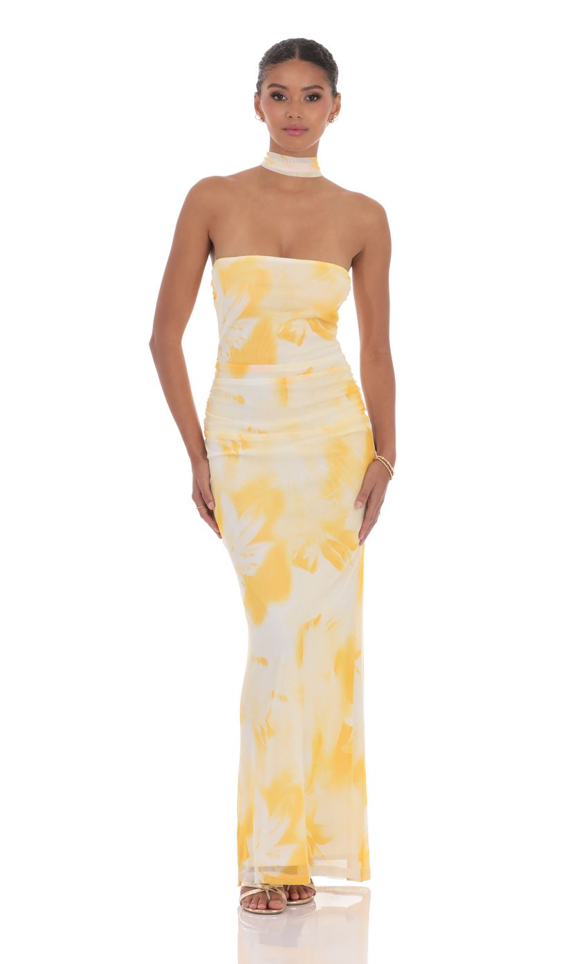 Picture Scarf Mesh Floral Strapless Maxi Dress in Yellow. Source: https://media-img.lucyinthesky.com/data/product-media/850xAUTO/32ddaeb6-8420-4c6d-8258-d4f63bd28d9d.jpg