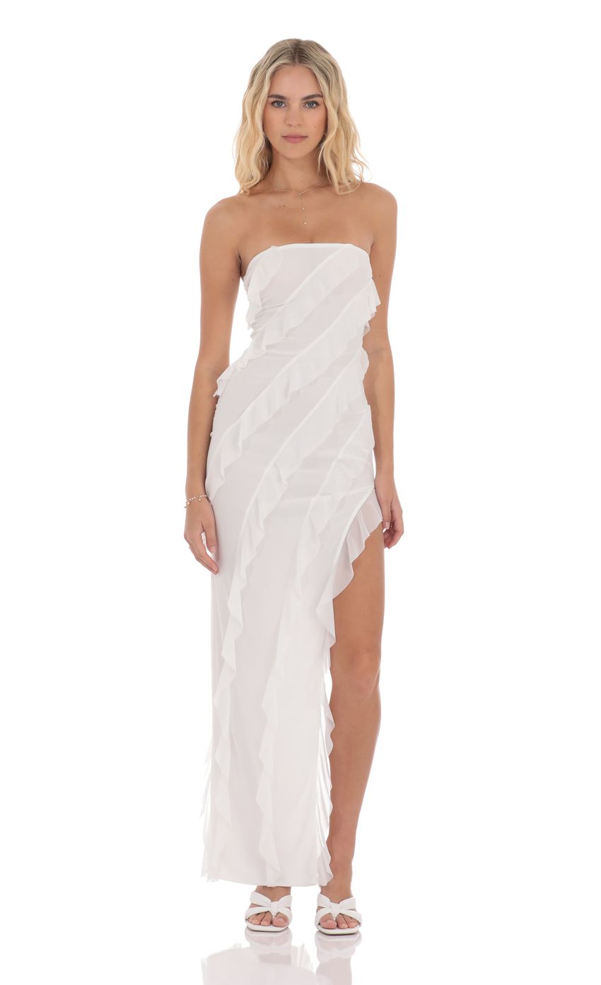 Picture Mesh Ruffle Strapless Maxi Dress in White. Source: https://media-img.lucyinthesky.com/data/product-media/850xAUTO/3418b24a-4af6-4cb7-baf1-1e627a3ed604.jpg