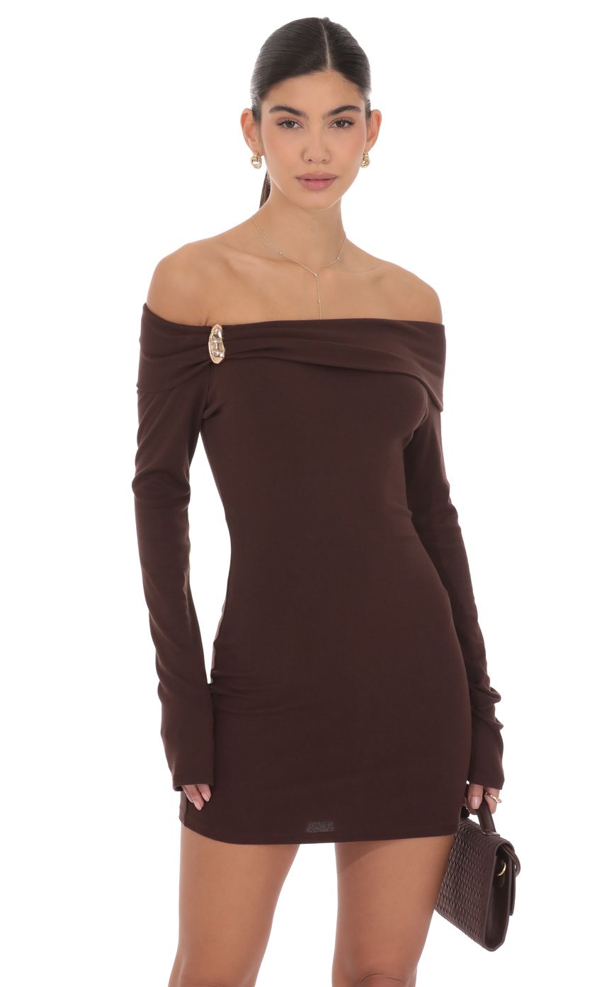 Product image for Charmed Off Shoulder Dress in Brown