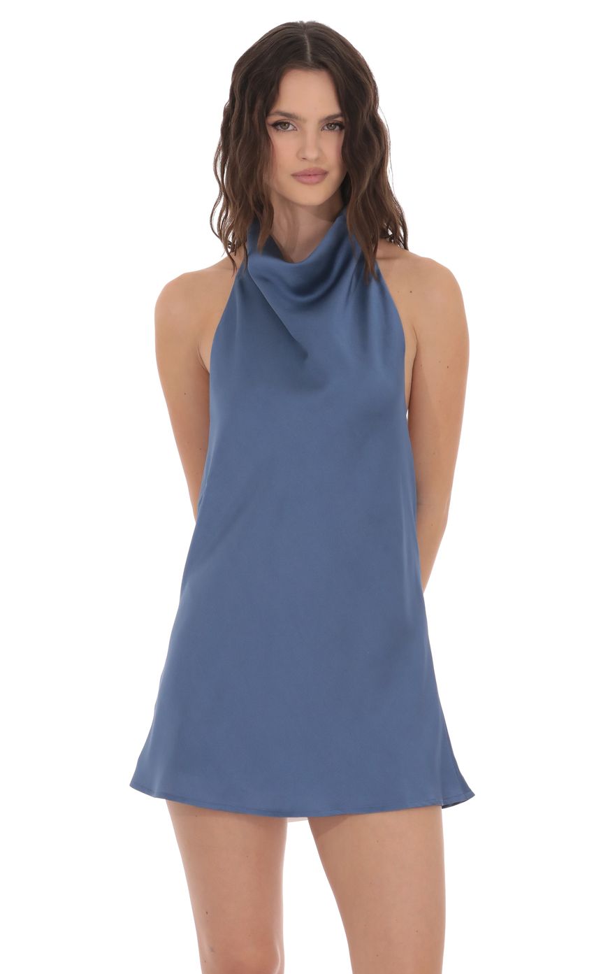 Product image for Satin Halter Open Back Dress in Navy