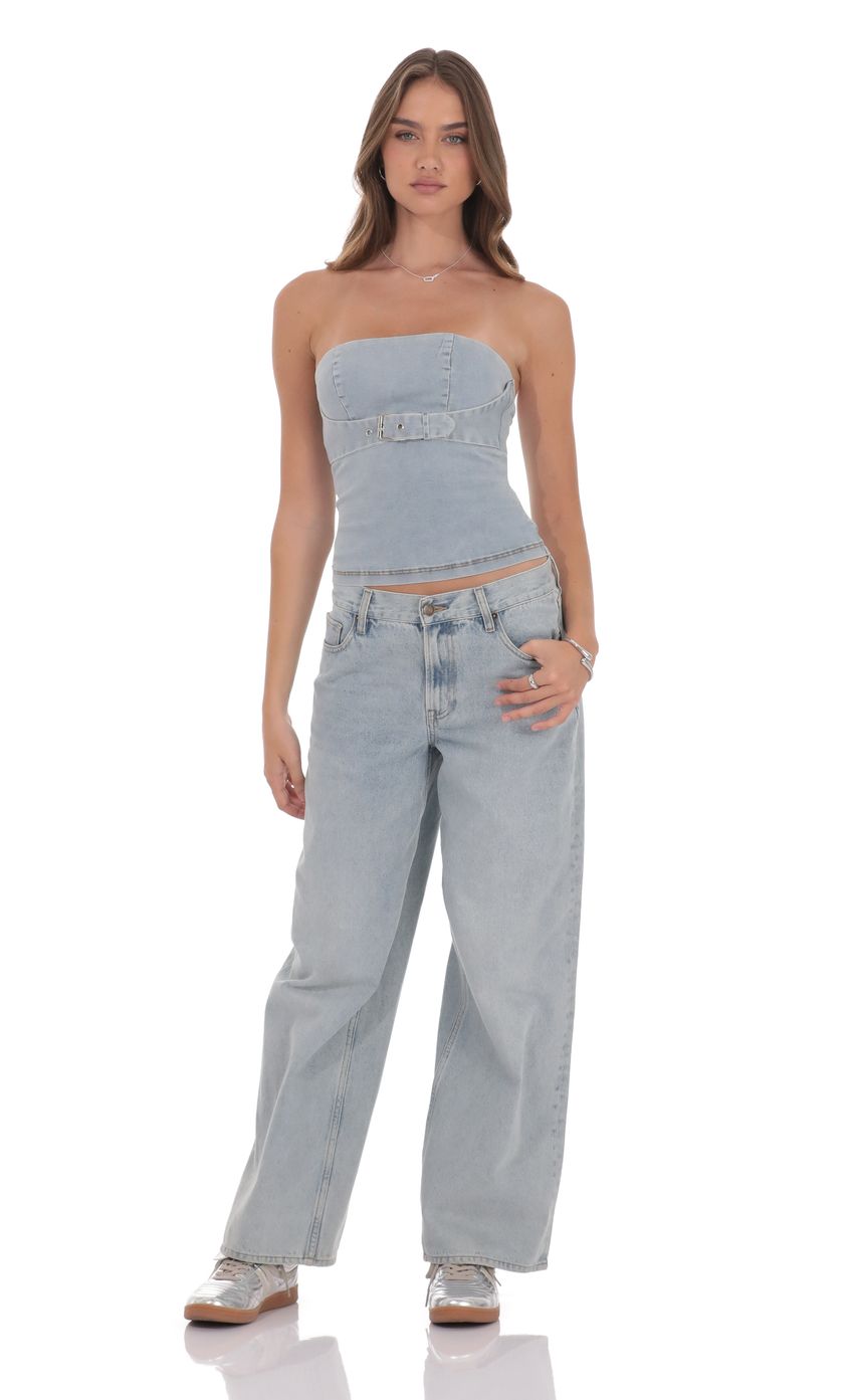 Product image for Belted Denim Top in Washed Blue