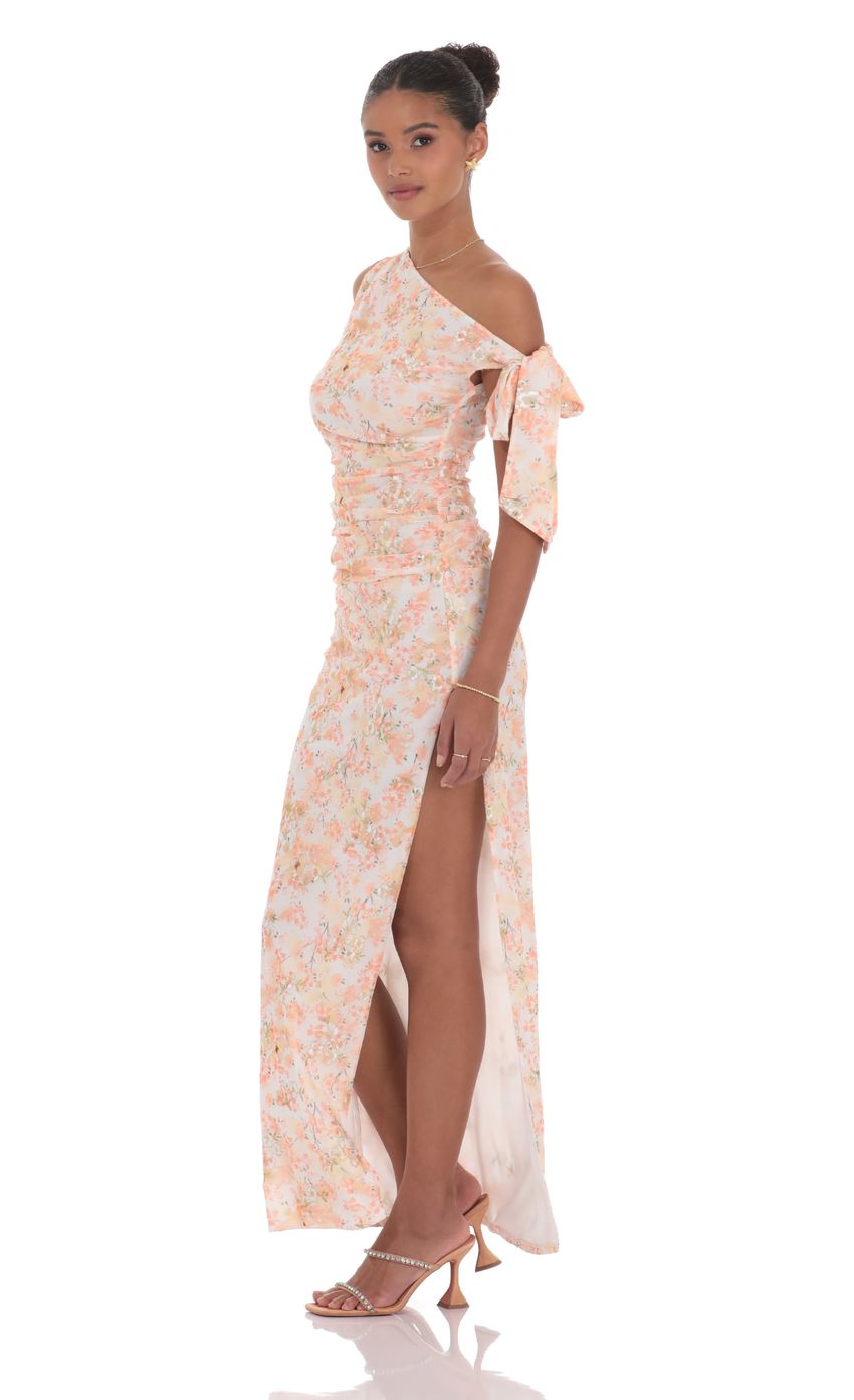 Picture Floral Shimmer Off Shoulder Maxi Dress in Peach. Source: https://media-img.lucyinthesky.com/data/product-media/850xAUTO/3637a120-7fdc-4cd5-845e-b2ba6ecb3f53.jpg