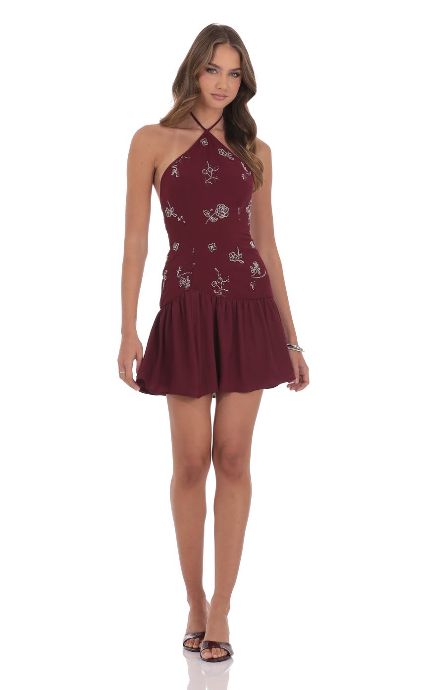 Product image for Floral Beaded Halter Dress in Burgundy