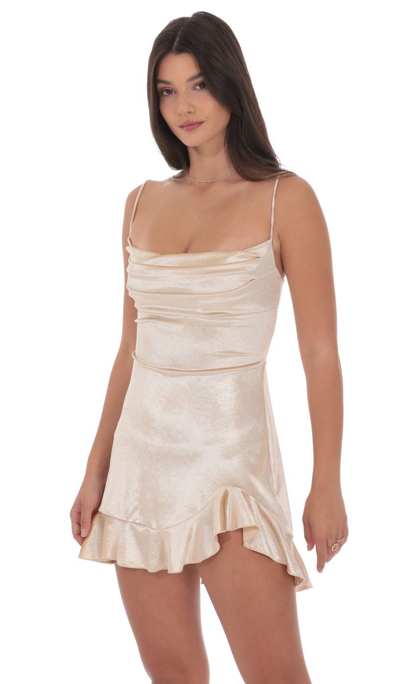 Product image for Foil Velvet Ruffled Slit Dress in Gold