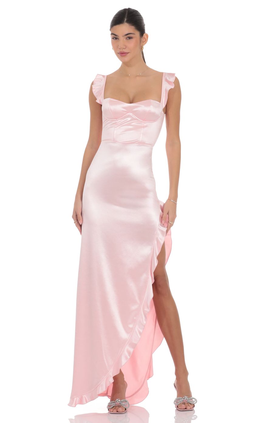 Product image for Satin Ruffle Maxi Dress in Pink