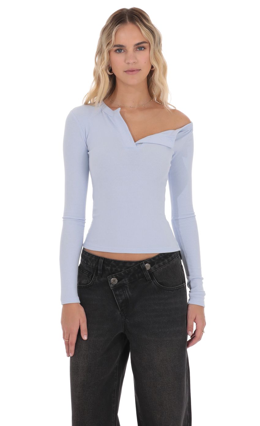 Product image for Off Shoulder Henley Top in Light Blue