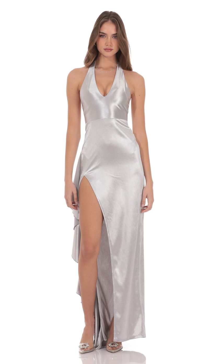 Product image for Satin Plunge Neck Halter Maxi Dress in Silver