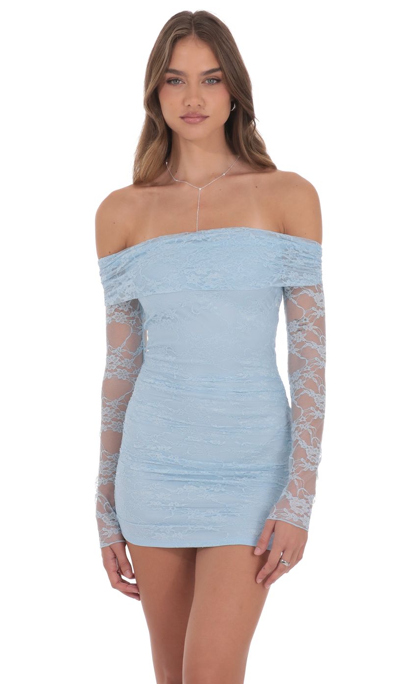 Product image for Off Shoulder Long Sleeve Lace Dress in Light Blue