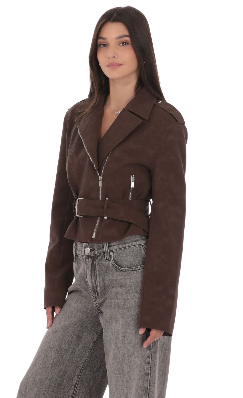 Product image for Faux Leather Cropped Moto Jacket in Brown