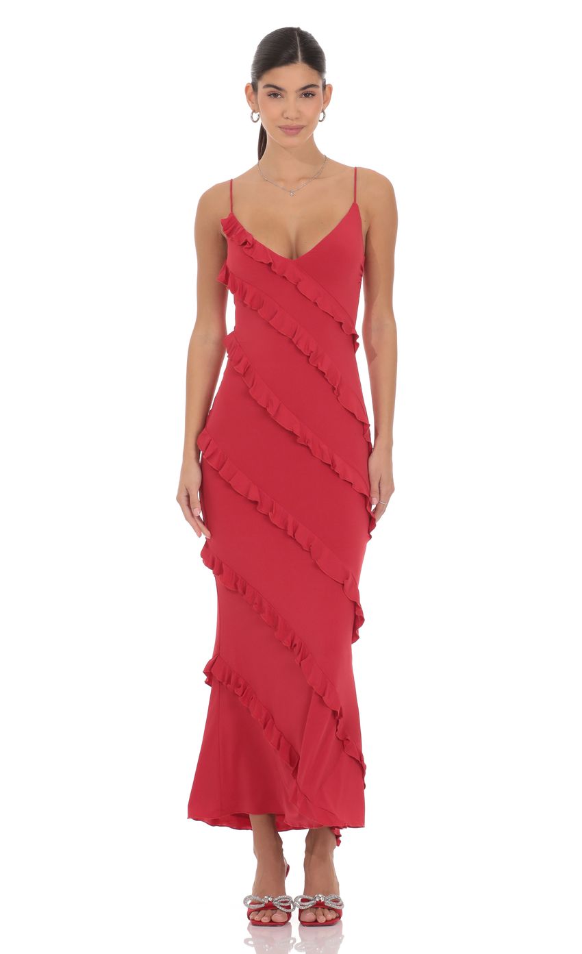 Product image for Ruffle V-Neck Maxi Dress in Red