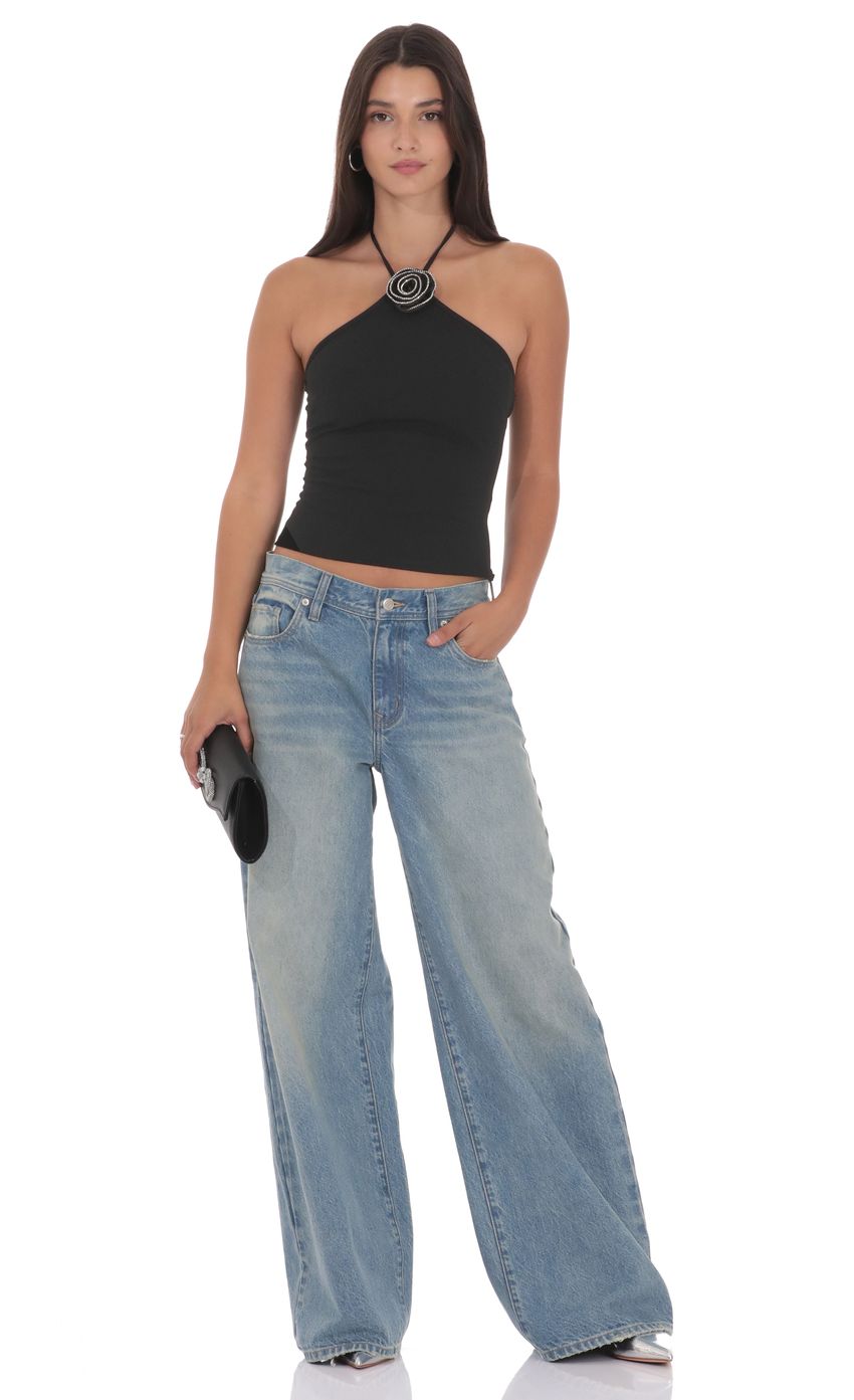 Product image for Rhinestone Rose Top in Black