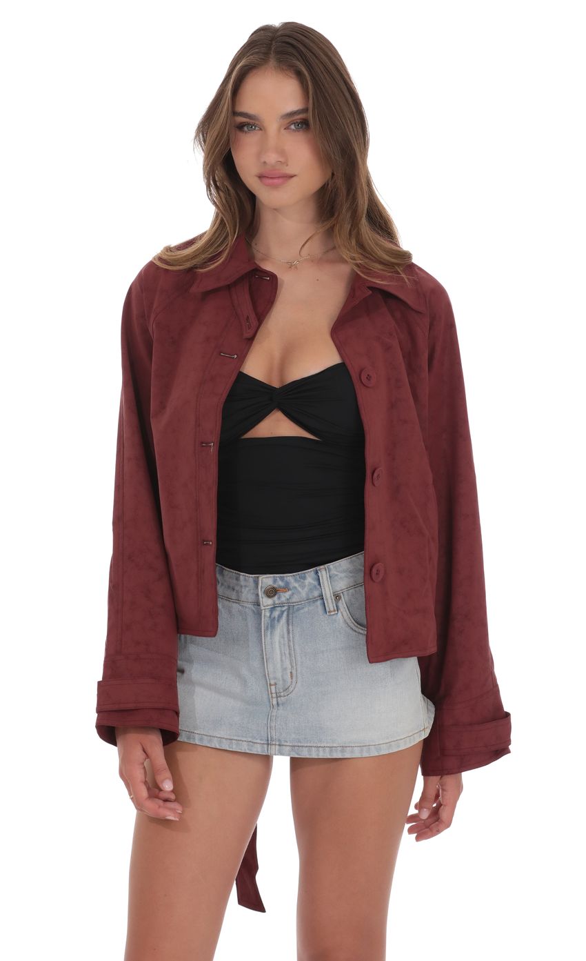 Product image for Suede Belted Leather Jacket in Burgundy