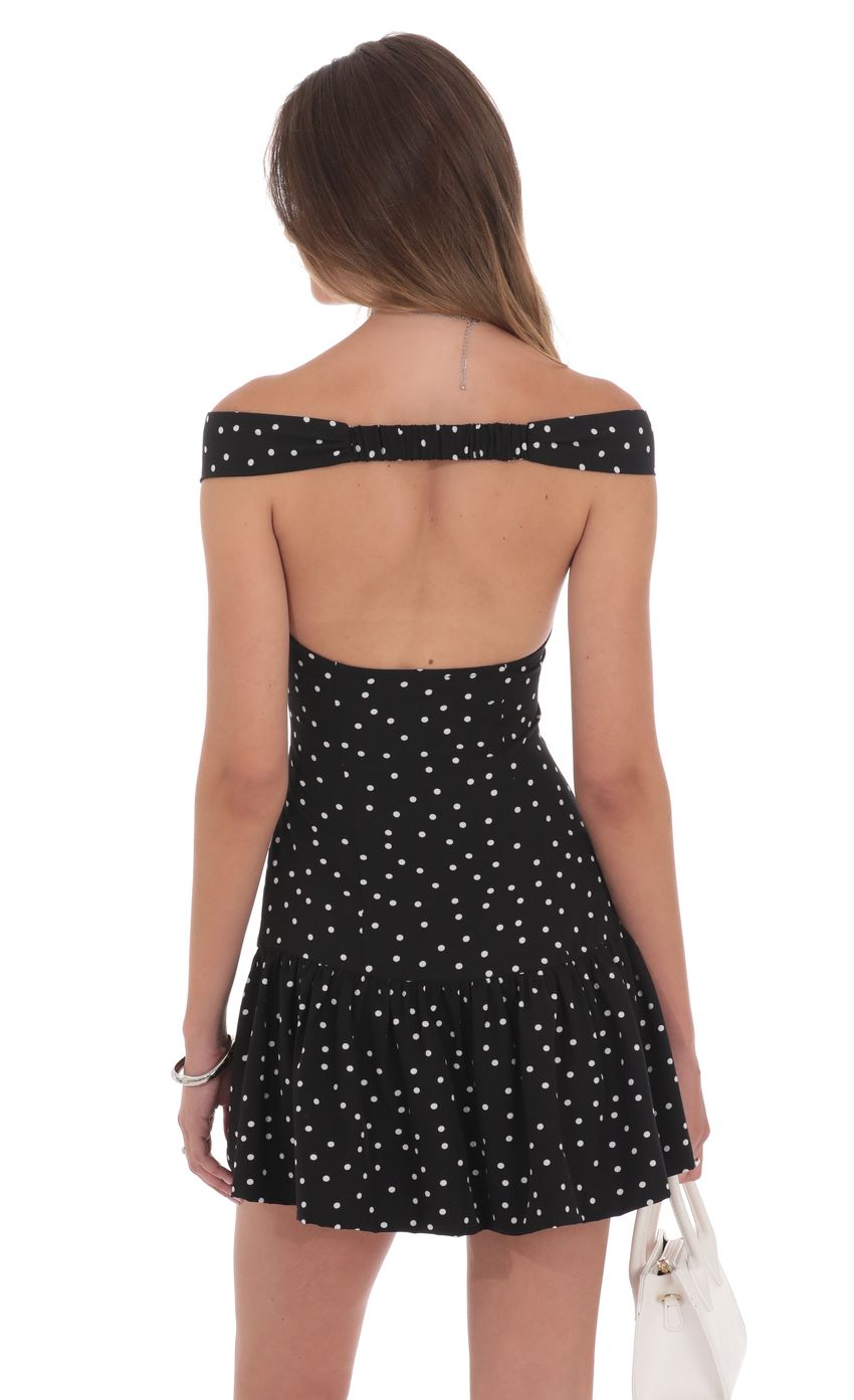 Product image for Polka Dot Off Shoulder Drop Waist Dress in Black