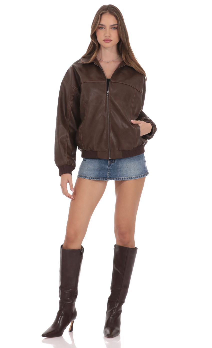 Product image for Faux Leather Bomber in Brown