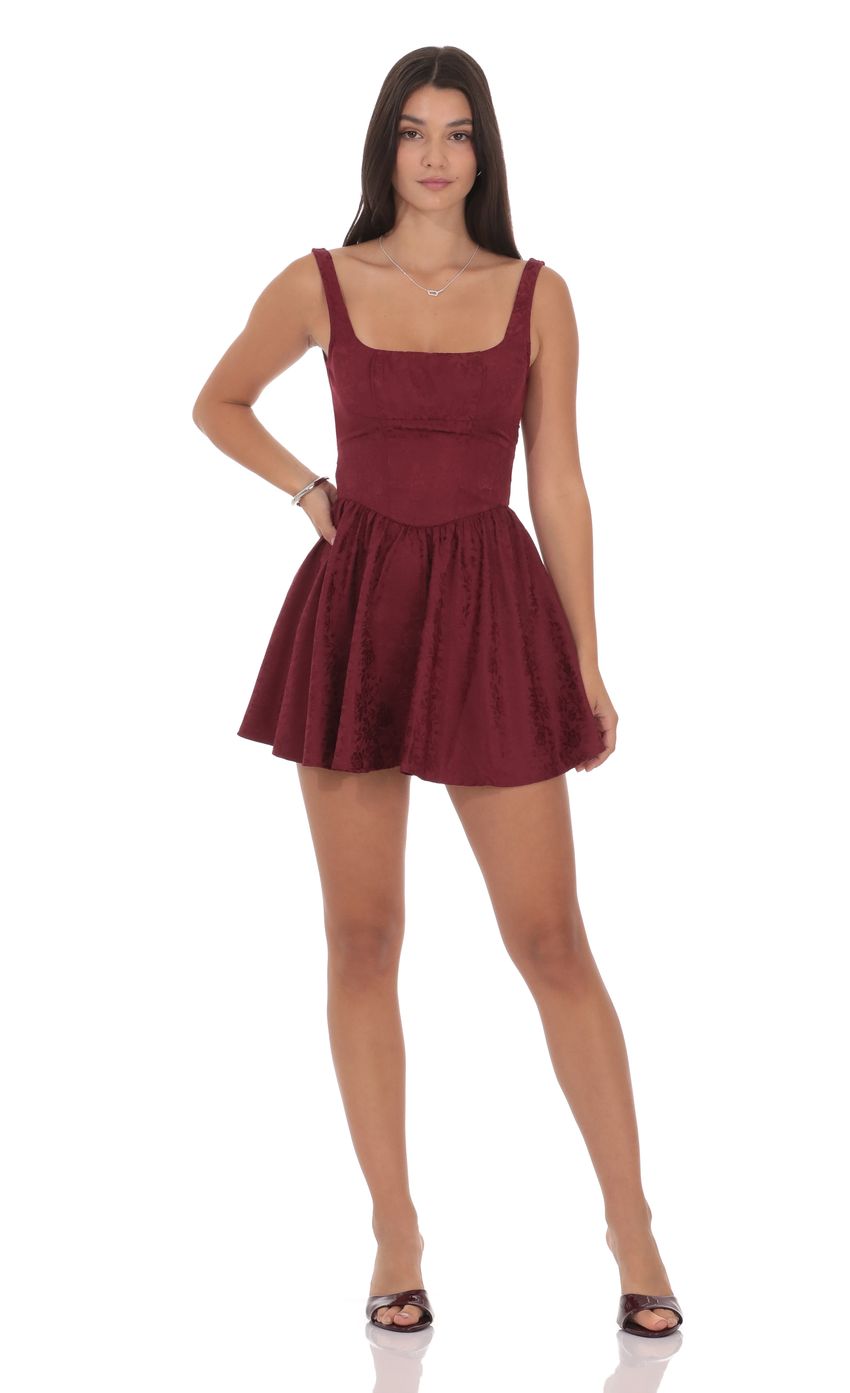 Product image for Floral Jacquard Open Back Bow Dress in Burgundy