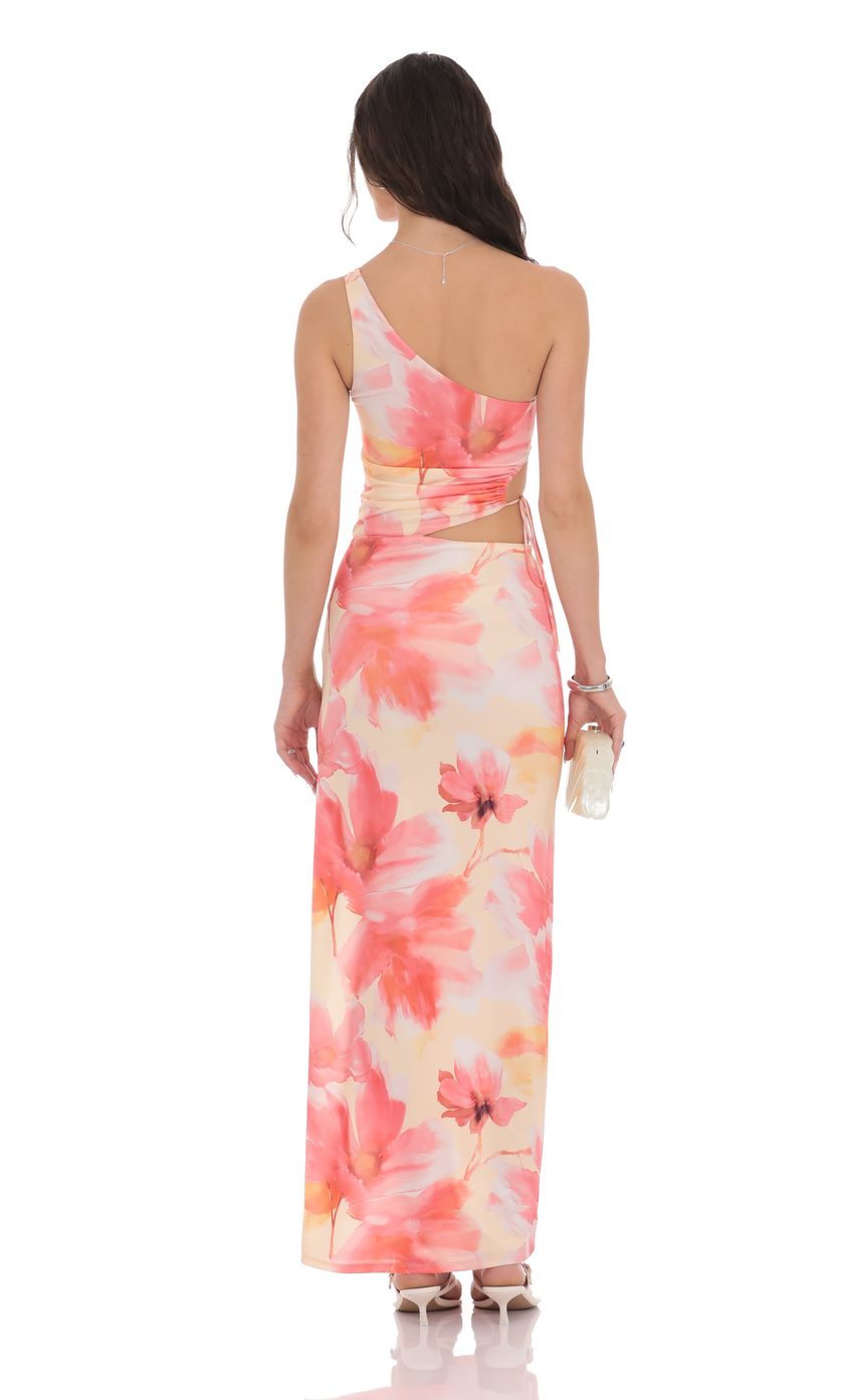 Picture Floral One Shoulder Cutout Maxi Dress in Orange. Source: https://media-img.lucyinthesky.com/data/product-media/850xAUTO/3a98a628-b081-44bd-91c6-c19d227df7a0.jpg