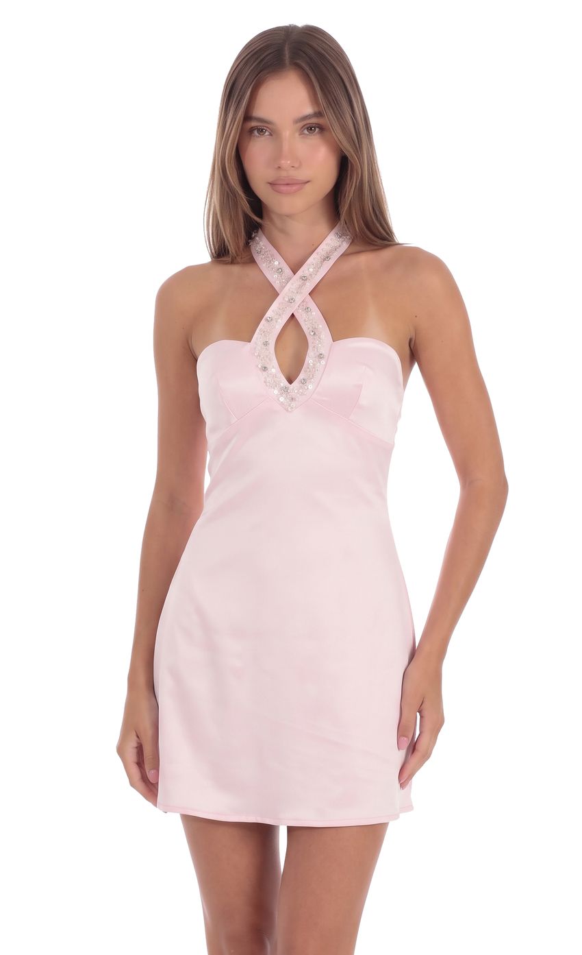 Product image for Embellished Halter Mini Dress in Pink