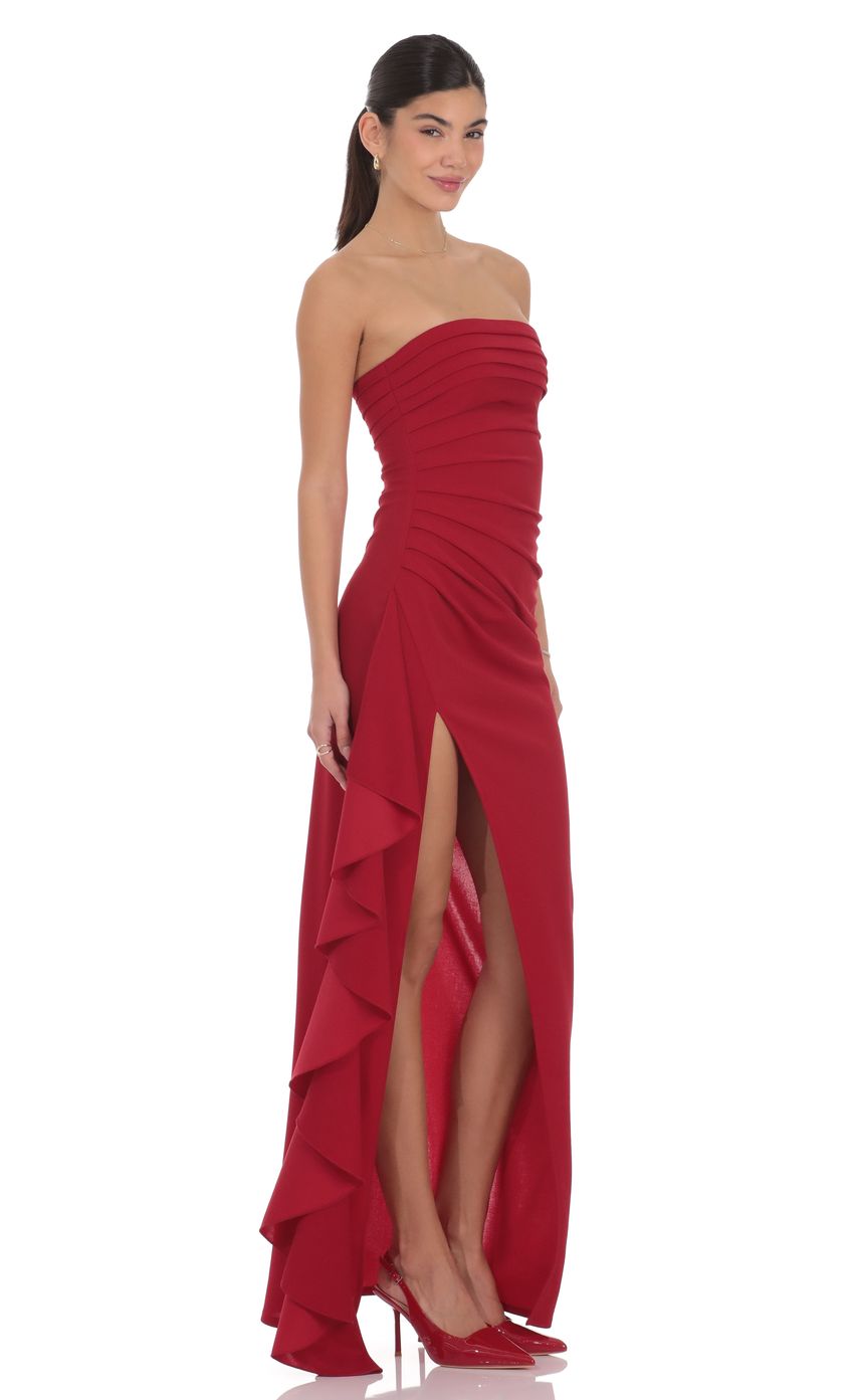 Product image for Strapless Ruched Ruffle Maxi Dress in Maroon