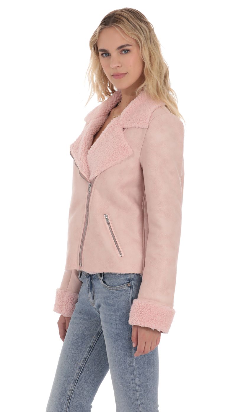 Product image for Sherpa Collar Suede Jacket in Pink