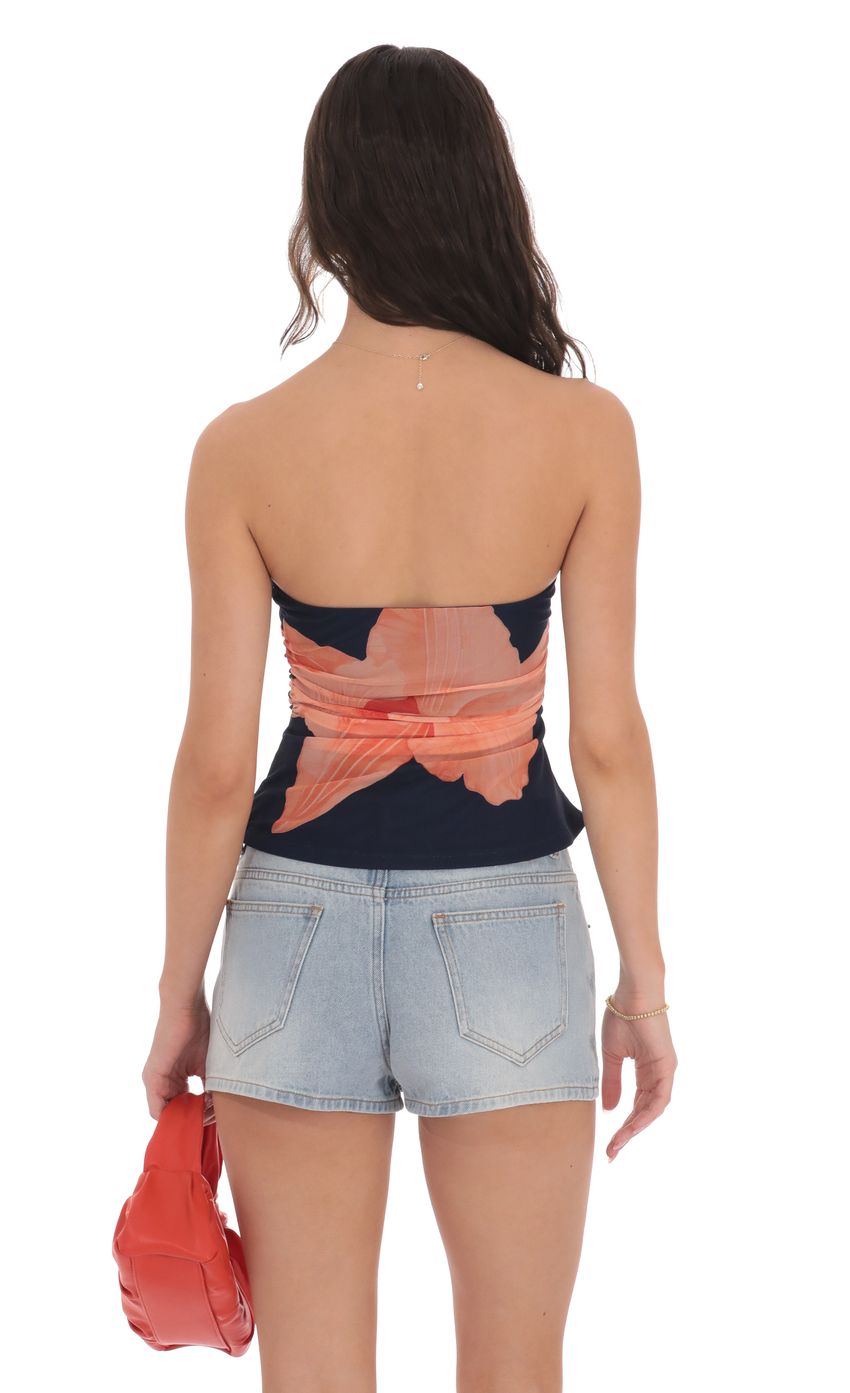 Picture Mesh Floral Ruched Tube Top in Navy. Source: https://media-img.lucyinthesky.com/data/product-media/850xAUTO/3ba41092-b811-4ae8-a1cc-32d6fb74b047.jpg