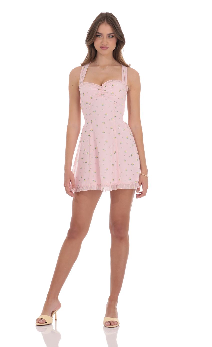 Picture Floral Strappy Back Bows Dress in Pink. Source: https://media-img.lucyinthesky.com/data/product-media/850xAUTO/3bd4de4c-f61f-44d6-bed2-d041d07b0e90.jpg