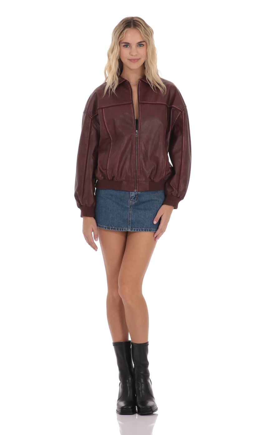 Product image for Faux Leather Bomber in Burgundy