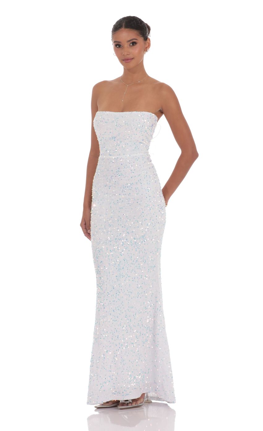 Picture Velvet Sequin Strapless Maxi Dress in White. Source: https://media-img.lucyinthesky.com/data/product-media/850xAUTO/3ce99262-eb66-4235-9367-e6afb45c261a.jpg