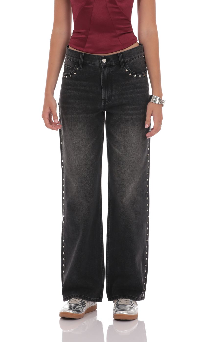 Product image for Studded Mid Rise Baggy Jeans in Faded Black