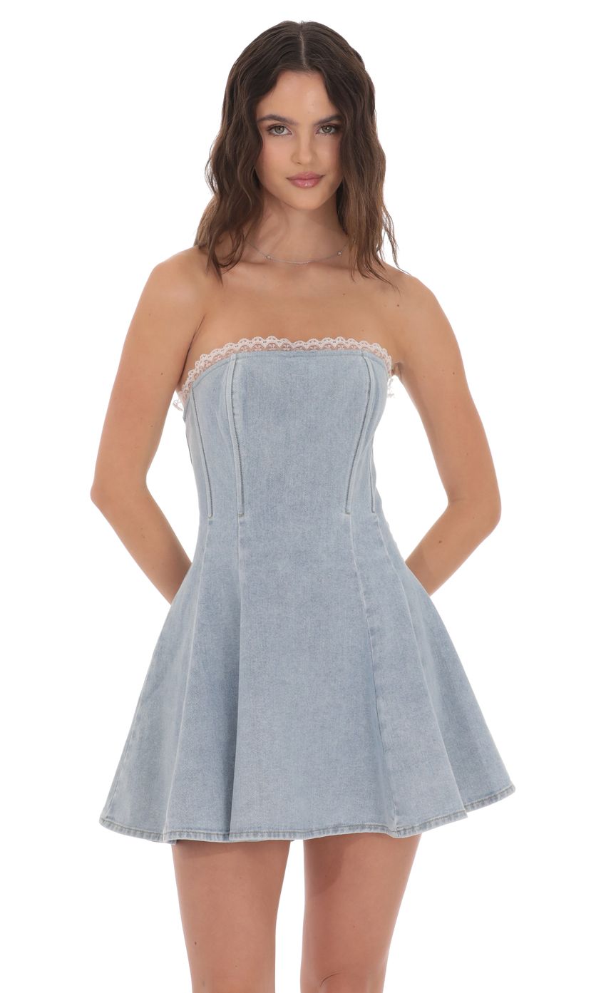 Product image for Lace Trim Corset Denim Dress in Light Blue