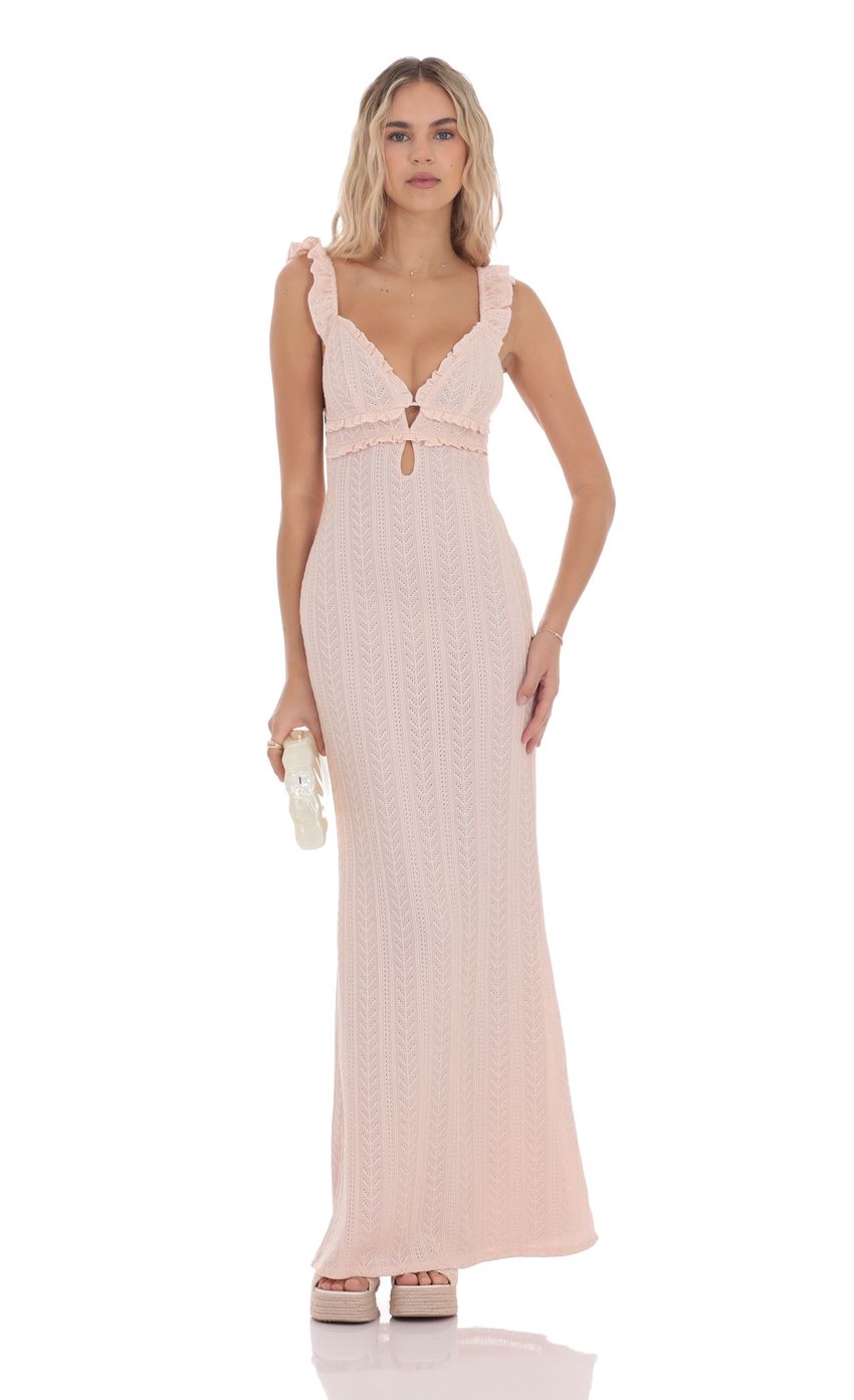 Picture Knit Ruffle Maxi Dress in Pink. Source: https://media-img.lucyinthesky.com/data/product-media/850xAUTO/3e34c7e3-b6f7-4c55-a1a6-f7bd11f81230.jpg