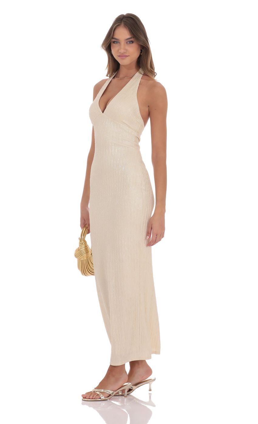 Picture Crinkle Shimmer V-Neck Maxi Dress in Champagne. Source: https://media-img.lucyinthesky.com/data/product-media/850xAUTO/3e93f411-f14b-42cc-a9e5-5dddcfba39bd.jpg