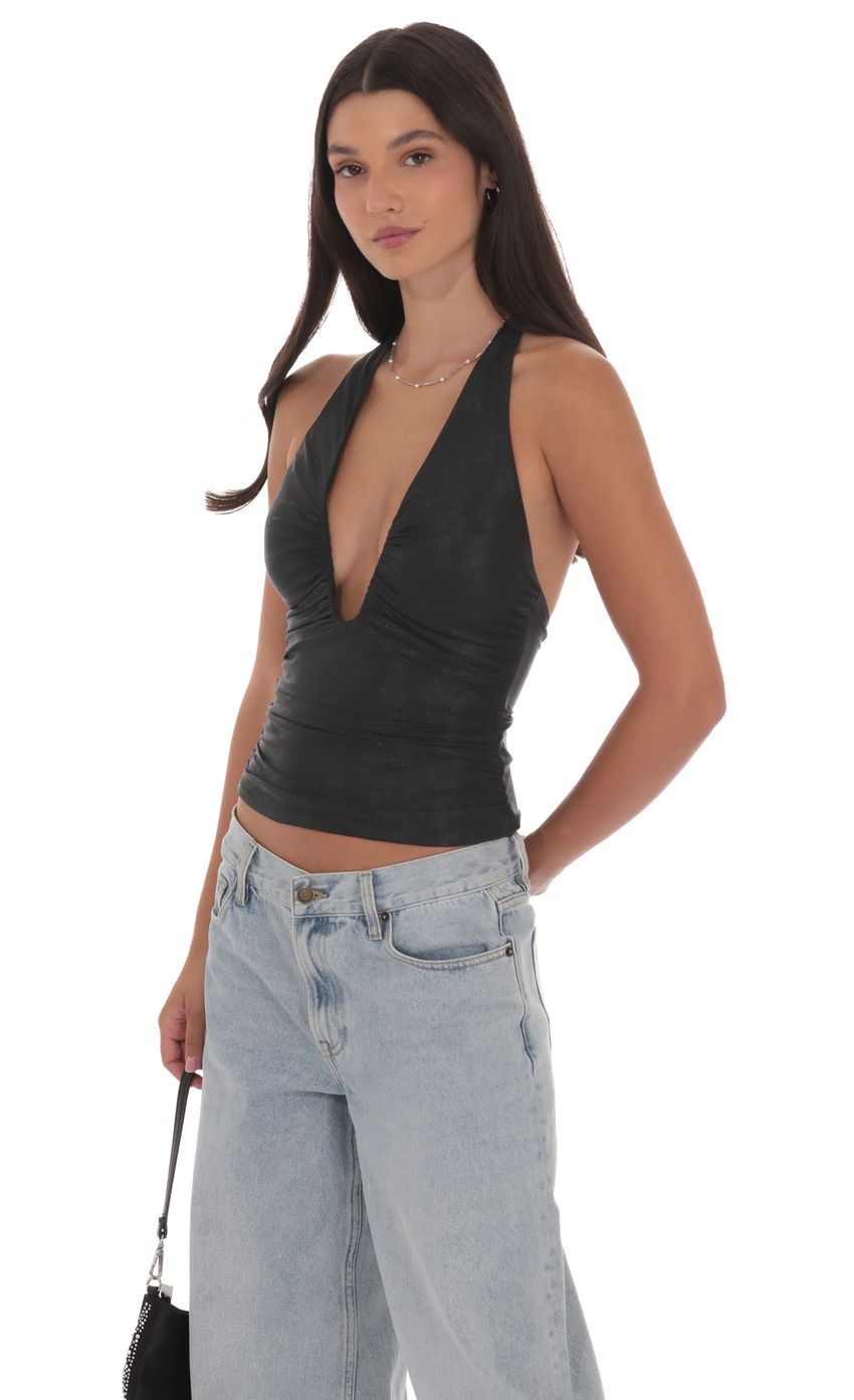 Product image for Metallic Plunge Neck Top in Black