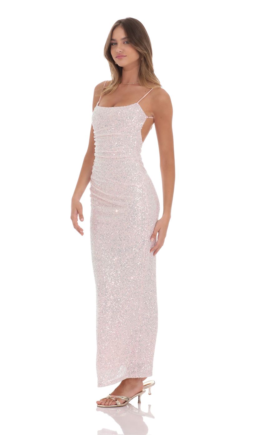 Picture Iridescent Sequin Bodycon Maxi Dress in Pink. Source: https://media-img.lucyinthesky.com/data/product-media/850xAUTO/3f0969dc-5980-4c01-8598-74395158570b.jpg