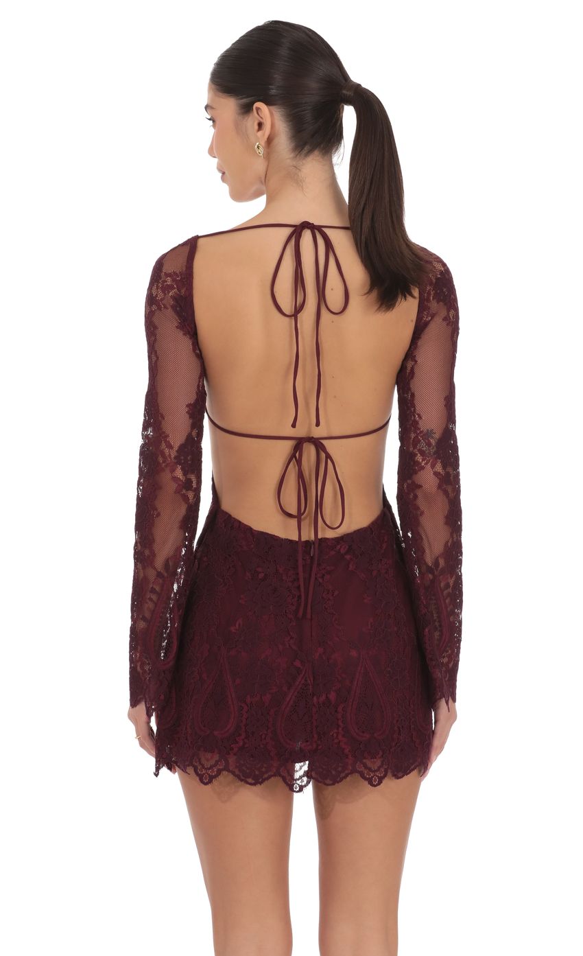 Product image for Lace Open Back Long Sleeve Dress in Burgundy
