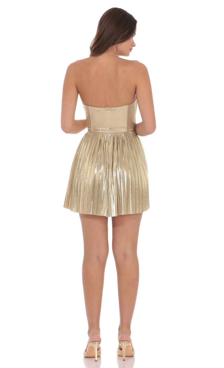Product image for Metallic Pleated Corset A-line Dress in Gold