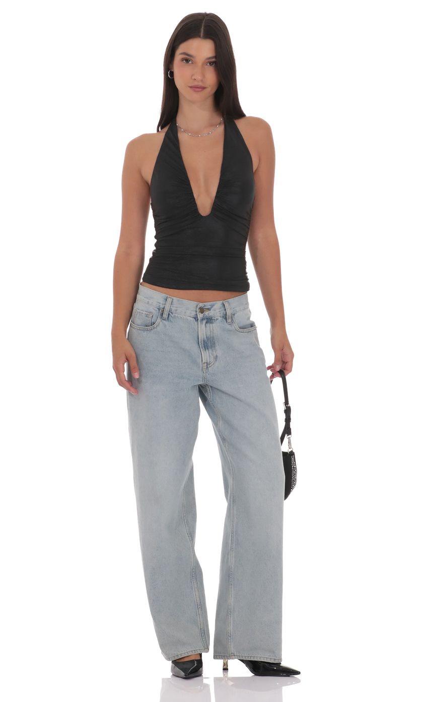 Product image for Metallic Plunge Neck Top in Black