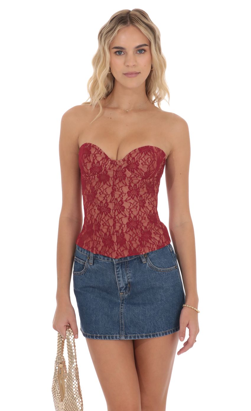 Product image for Strapless Lace Corset Top in Red and Tan