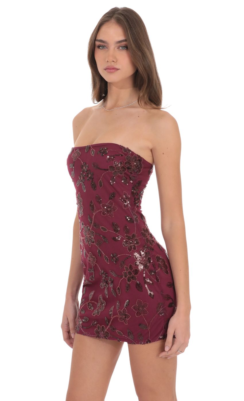 Product image for Strapless Sequin Floral Dress in Burgundy