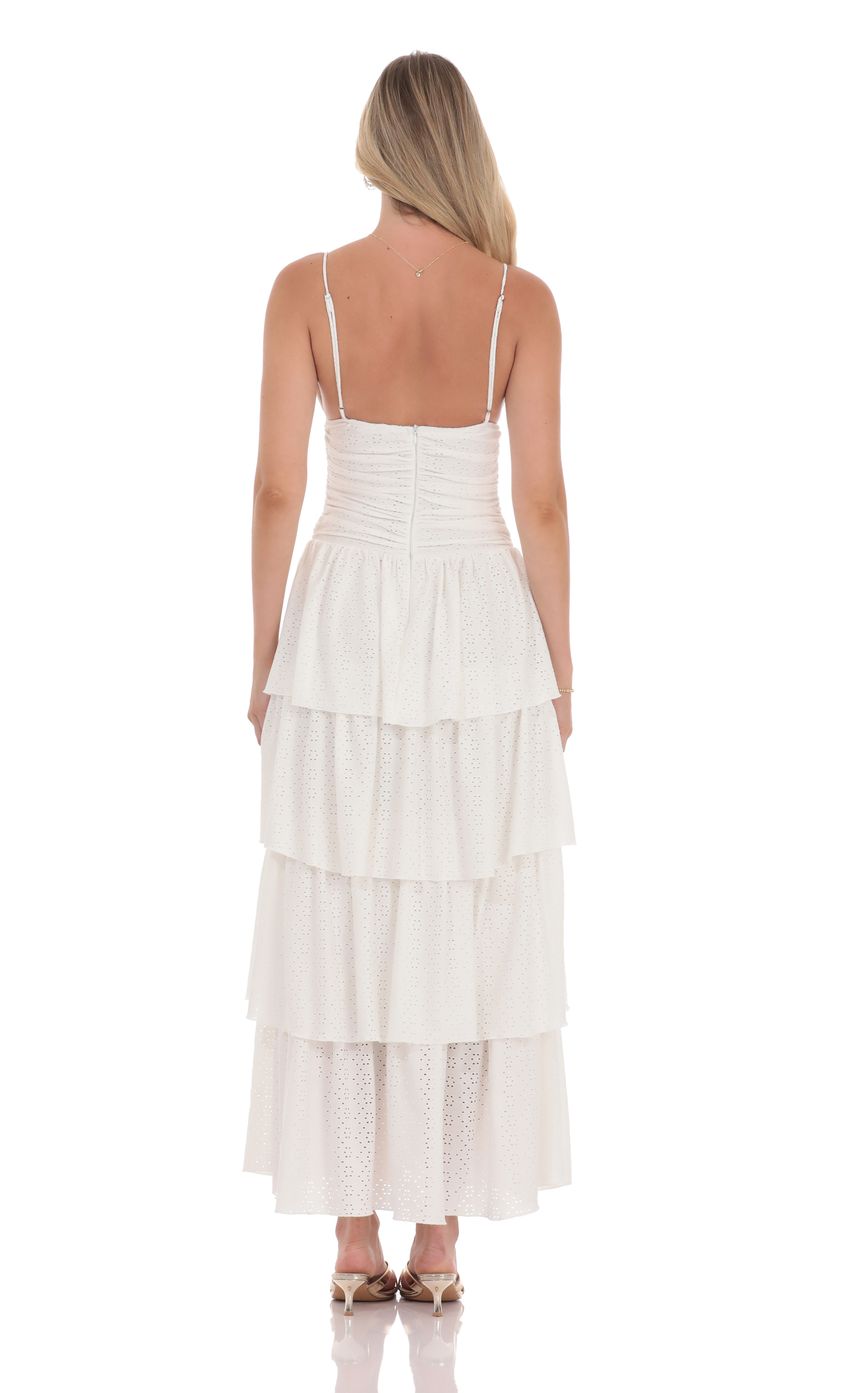 Picture Ruched Ruffle Eyelet Maxi Dress in White. Source: https://media-img.lucyinthesky.com/data/product-media/850xAUTO/4215ee02-abf2-45c7-a420-7832885295ad.jpg