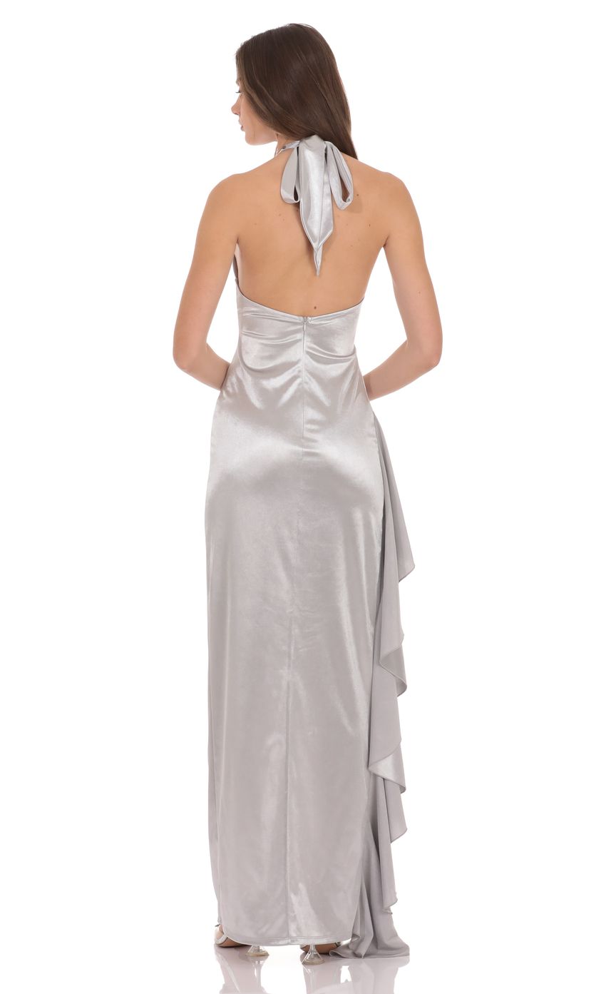 Product image for Satin Plunge Neck Halter Maxi Dress in Silver