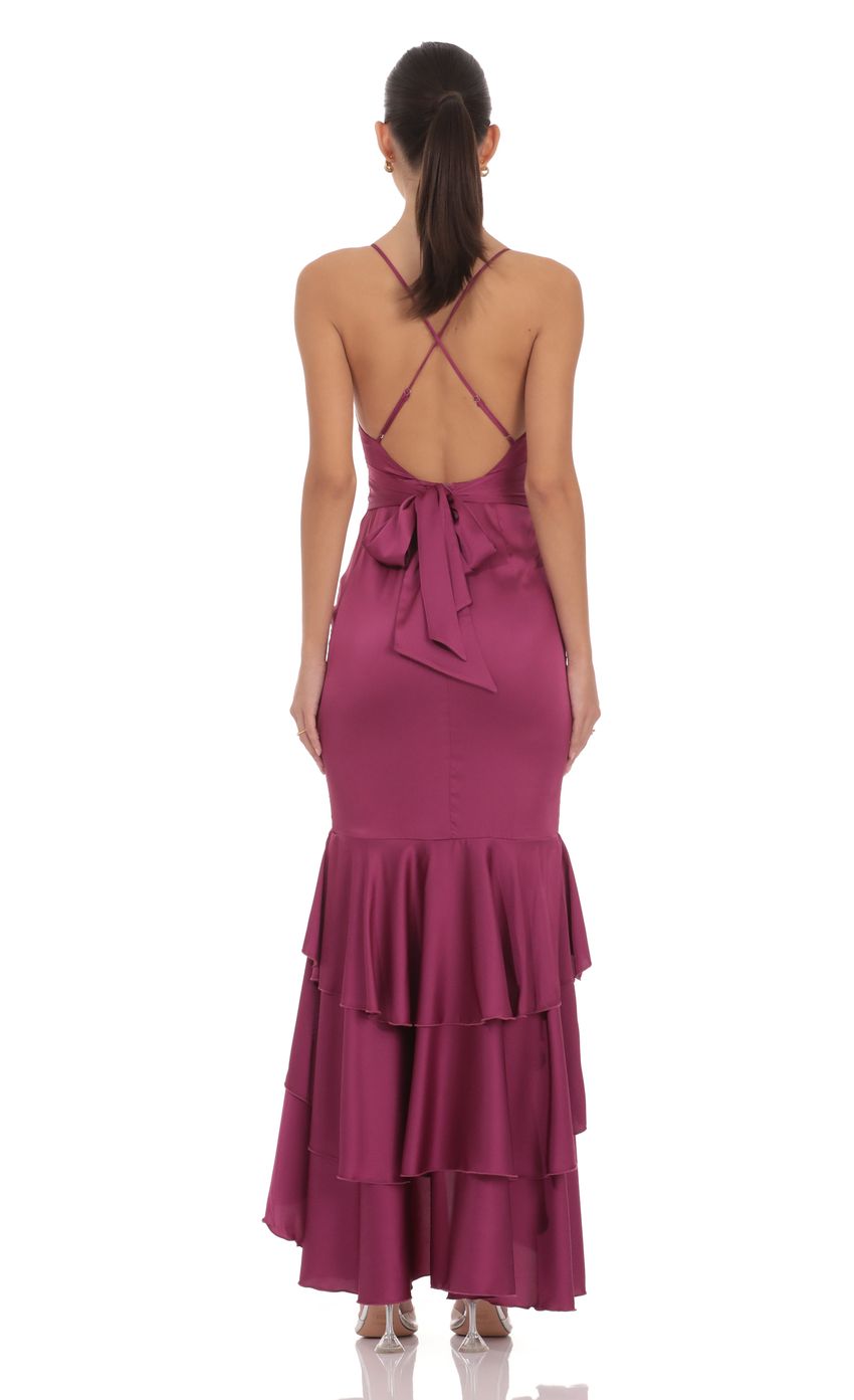 Product image for Satin Ruffle Fishtail Maxi Dress in Magenta