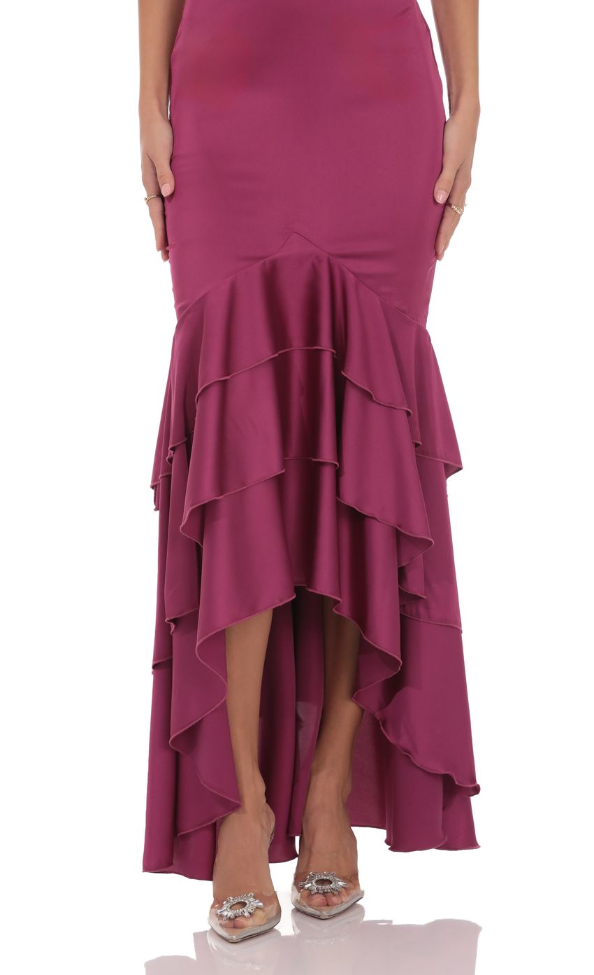 Product image for Satin Ruffle Fishtail Maxi Dress in Magenta