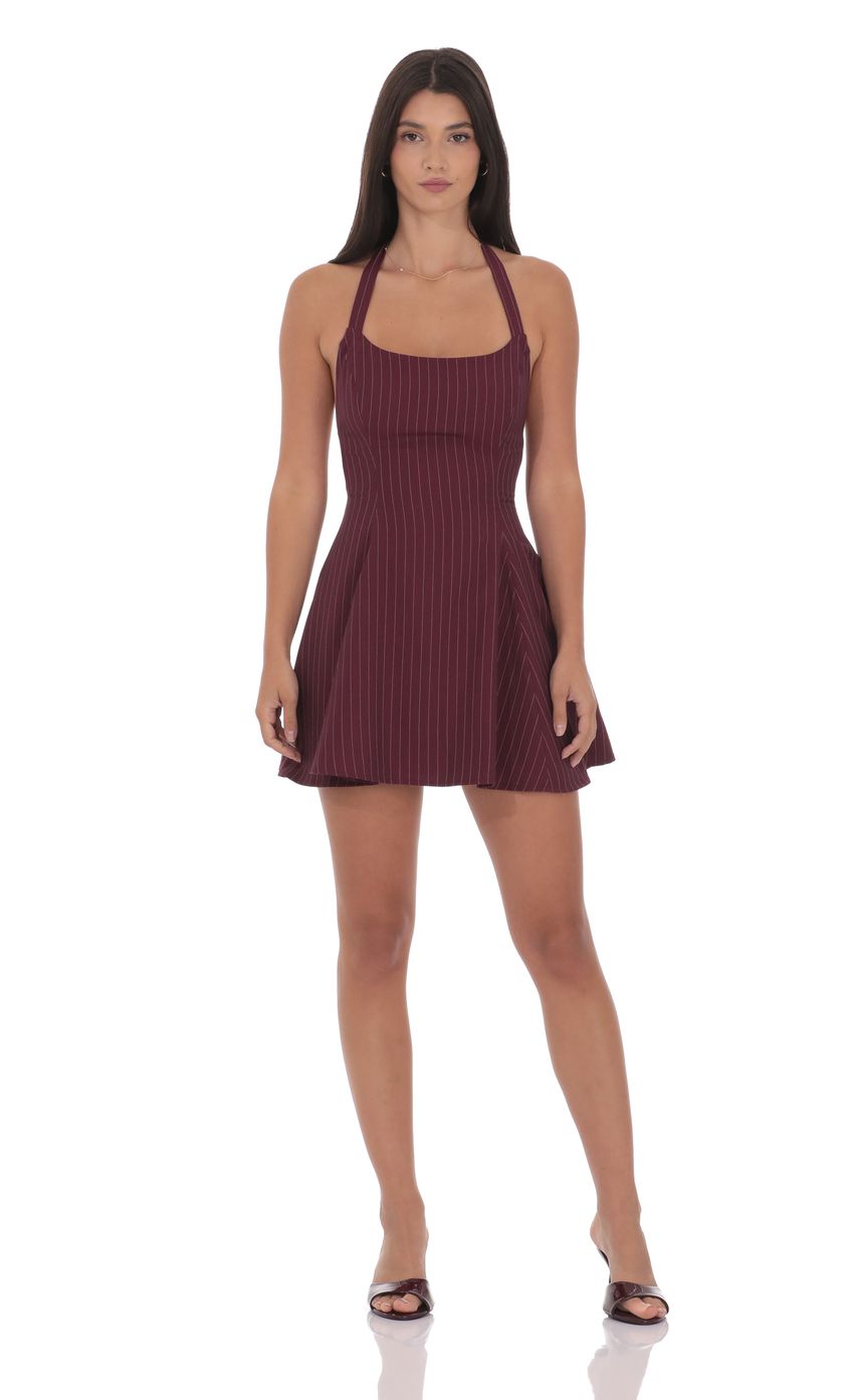 Product image for Pinstripe Halter Fit and Flare Dress in Burgundy