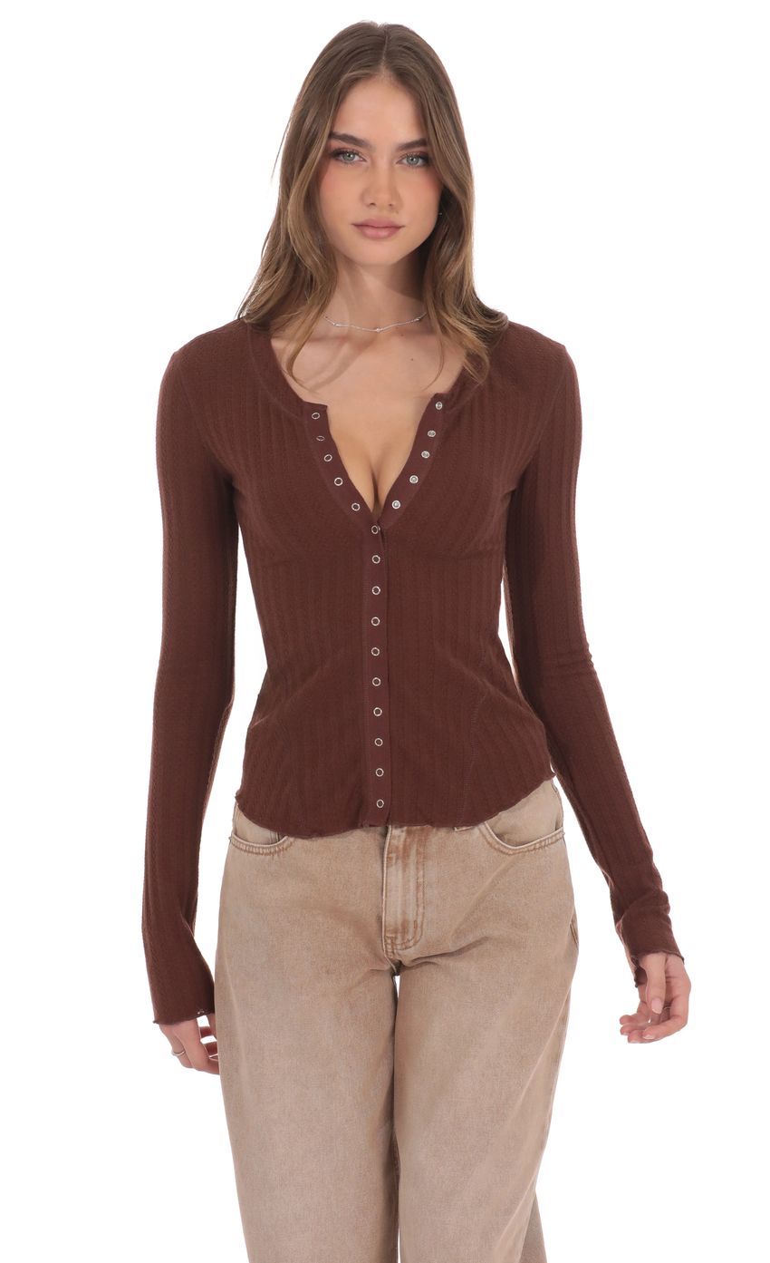 Product image for Textured Ribbed Button Top in Brown