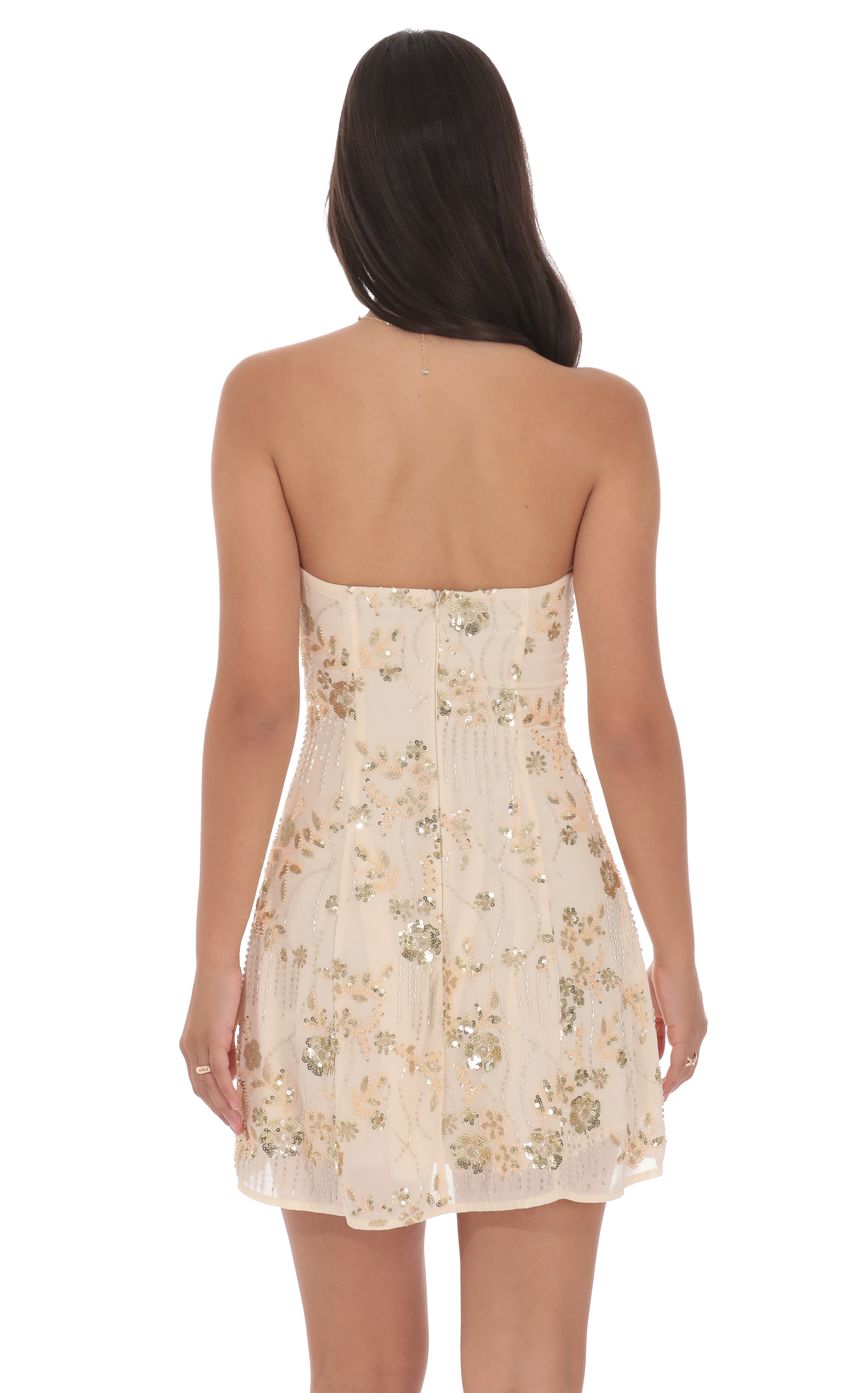 Product image for Gold Sequin Beaded Floral Flare Dress in Cream