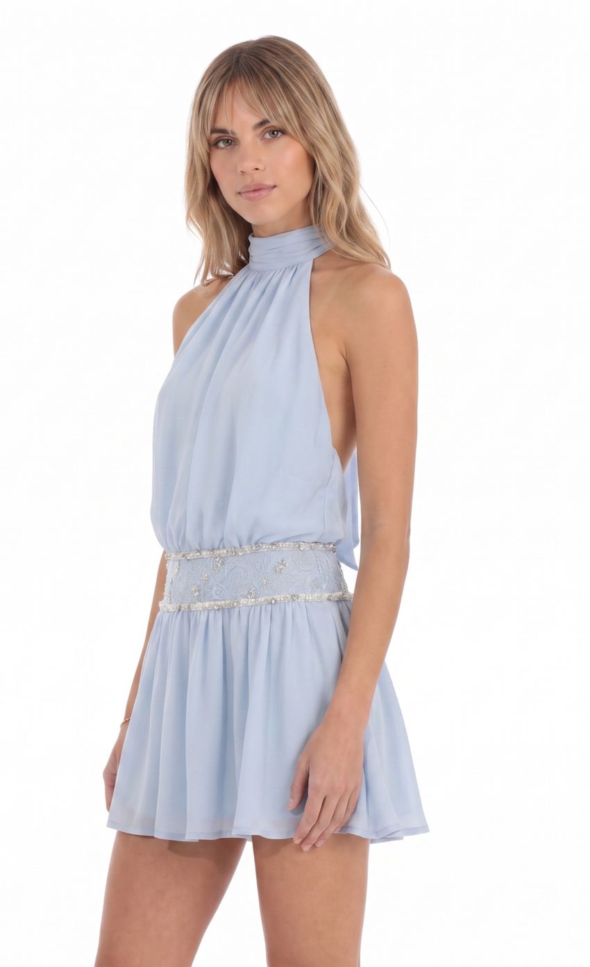 Product image for Beaded Waist Halter Mini Dress in Light Blue