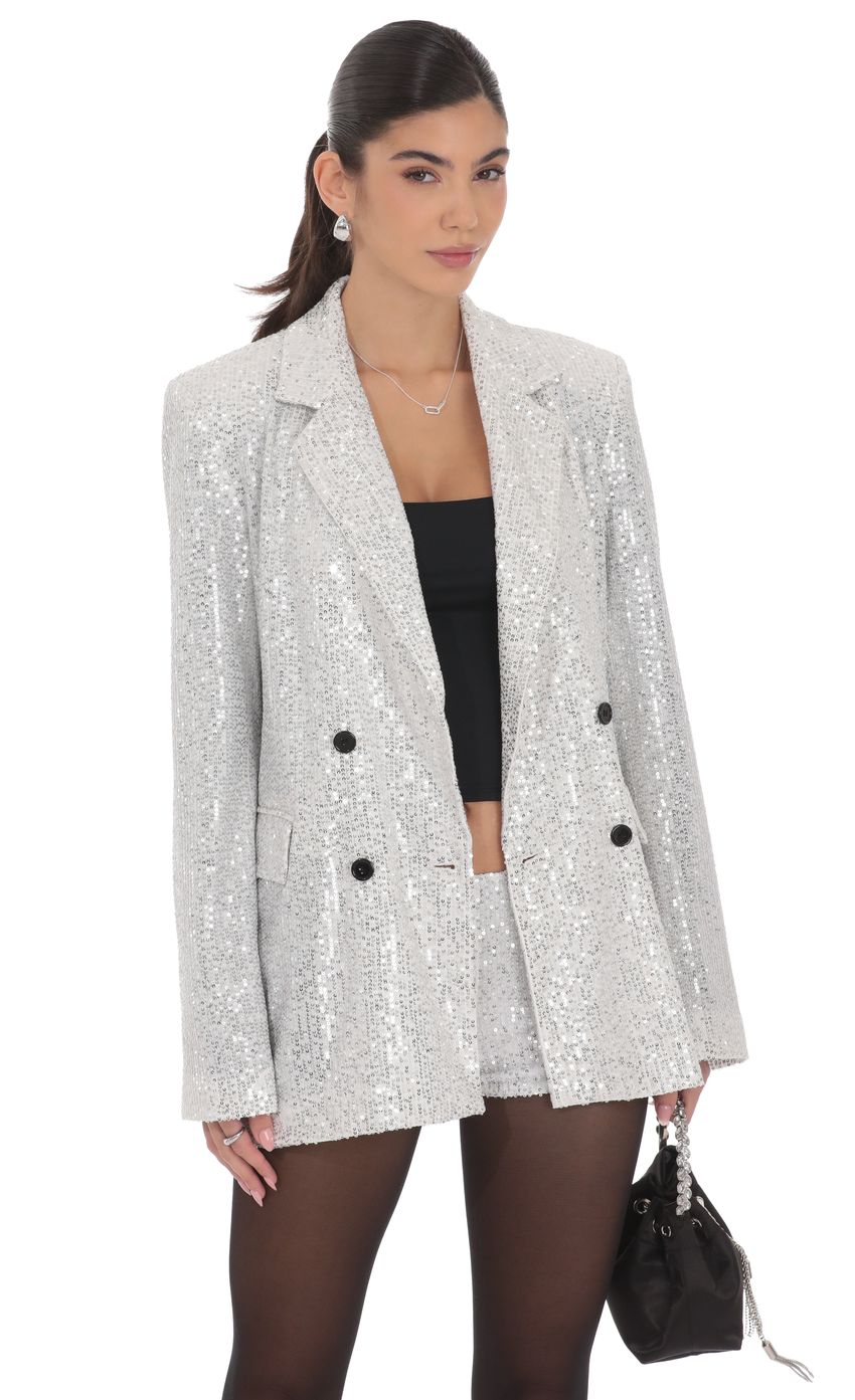 Product image for Double Breasted Sequin Blazer in Silver